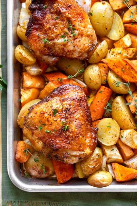 Sheet Pan Chicken Thighs | The Cozy Apron Sheet Pan Chicken Thighs, Dinners Chicken, Healthy Chicken Thigh Recipes, Chicken Thighs Dinner, Chicken Thighs Recipe, Sheet Pan Dinners Chicken, Thighs Recipe, Sheet Pan Chicken, Sheet Pan Suppers