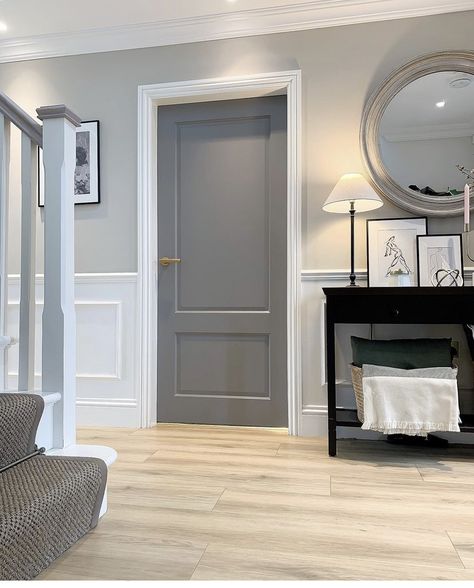 Grey Doors White Trim, Paint Doors White, Moles Breath, Grey Internal Doors, Interior Door Colors, Grey Interior Doors, Monochromatic Interior, Painted Wainscoting, Enjoy Your Evening