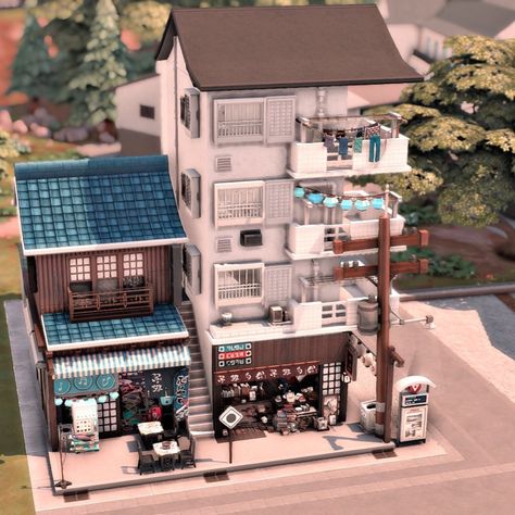 Asian Inspired Street - Screenshots - The Sims 4 Rooms / Lots - CurseForge Asian Apartment Building, Sims 4 Mt Komorebi Builds, Japanese Apartment Building, Sims 4 Rooms, Mt Komorebi, Lotes The Sims 4, Preppy House, Karaoke Bar, Small Game Rooms