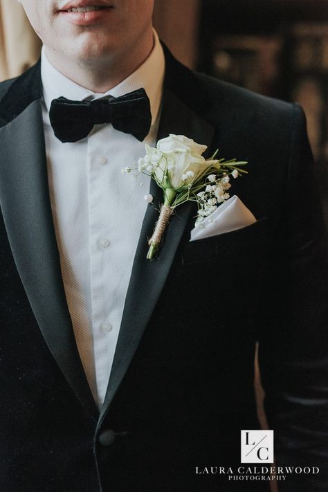 Black tie groom with gypsophila and white rose buttonhole | Photo by Laura Calderwood Photography | Carlton Towers Wedding Yorkshire Men Buttonhole Wedding, White Rose Buttonhole, Black Tie Groom, Groom Buttonhole, Rose Buttonhole, Groom Buttonholes, Gypsophila Wedding, Flower Board, White Rose Bouquet