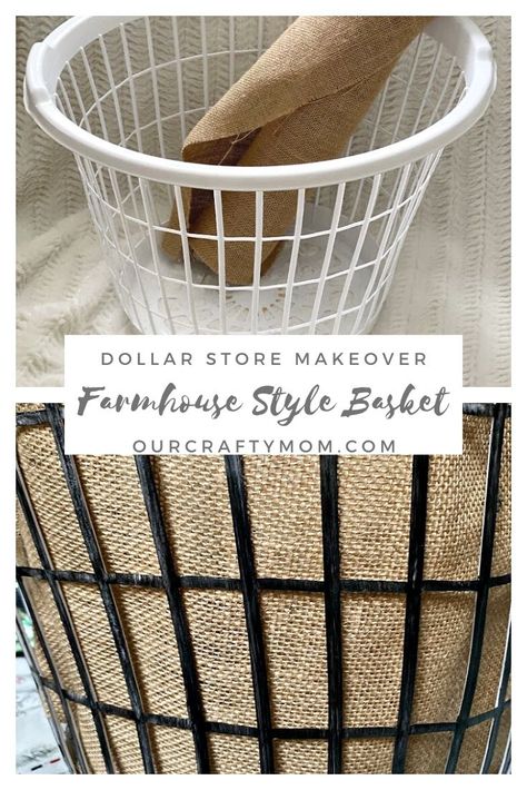 How To Make A Farmhouse Basket From The Dollar Store Farmhouse Basket Decor, White Laundry Basket, Laundry Room Decor Diy, Farmhouse Baskets, Dollar Store Bins, Diy Laundry Basket, Farmhouse Basket, Basket Makeover, Dollar Store Diy Organization