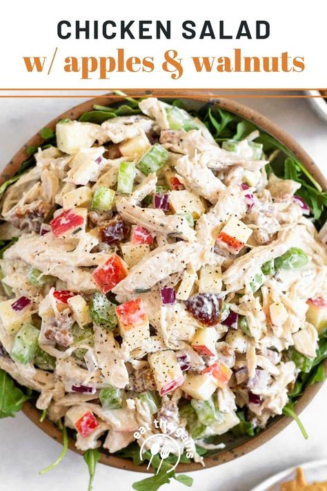 Fall-inspired chicken salad with apples, walnuts, celery, dates, and herbs, and tossed with creamy greek yogurt for extra protein. This chicken salad recipe is perfect it in a salad, in a sandwich, on lettuce wraps, or eaten as is. Or make it for meal prep or a quick and easy lunch! Gluten-free and high in protein. Make Ahead Chicken Salad, Healthy Salad Recipes With Lettuce, Chicken Salad With Walnuts And Grapes, Apple And Chicken Salad, Apple Walnut Chicken Salad, Fall Chicken Salad Recipe, Macro Salad Recipes, High Protein Salad Dressing, Easy Protein Meal Prep