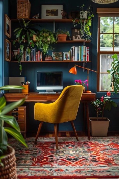 Mid-century Modern Home Office: Stylish Productivity Midcentury Home Office Design, Cozy Modern Office Design, Office Ideas Mid Century Modern, Madmen Office Decor, Mid Century Academia, Mid Century Modern Office Interior, Fun Office Interior, Modern Aesthetic Office, Mid Century Modern Art Studio