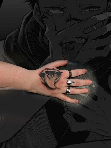 A badass sukuna inspired tattoo i got to do for a amazing client Jujitsu Kaisen Tattoo Sukuna, Sakuna Jujutsu Hand Tattoo, Jjk Sukuna Tattoo, Jujutsu Kaisen Hand Tattoo, Jjk Inspired Tattoos, Sukuna Mouth Hand, Sukuna Tongue, Sakuna Jujutsu Tattoo, Sukuna Mouth Tattoo