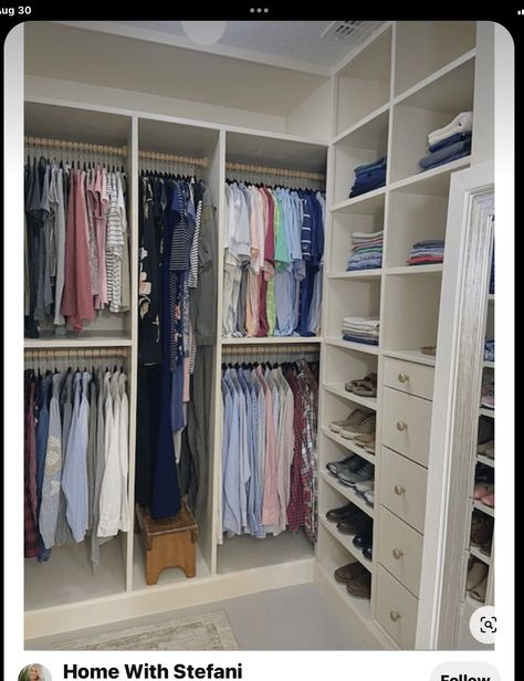 Large Closet Remodel, 5 Foot Closet Layout, Dress Closet Organization, Tall Closet Organization, Dakota Closets, Tall Closet Ideas, Long Closet Ideas, Small Walk In Closet Layout, Small Closet Design Layout