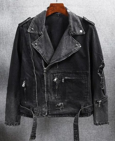 Men Vintage Harajuku Belt Denim Motorcycle Zipper Jacket Denim Motorcycle Jacket, American Street Fashion, Black Leather Jeans, Cafe Racer Leather Jacket, Biker Denim, Streetwear Denim, Men's Streetwear, Printed Denim Jacket, Denim Inspiration