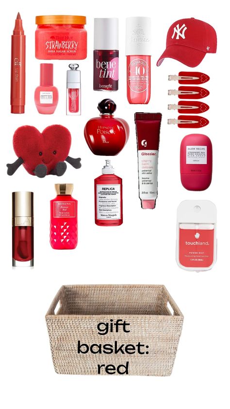 gift basket inspo! #red #giftbasket #inspo #trend #aesthetic Burgundy Basket Ideas, Red Birthday Gifts, What To Put In Baskets For Decor Bedroom, Red Birthday Basket, Red Basket Gift Ideas, Valentines Baskets Ideas, Red Themed Gift Basket, Gift Basket Ideas Aesthetic, Red Gift Box Ideas