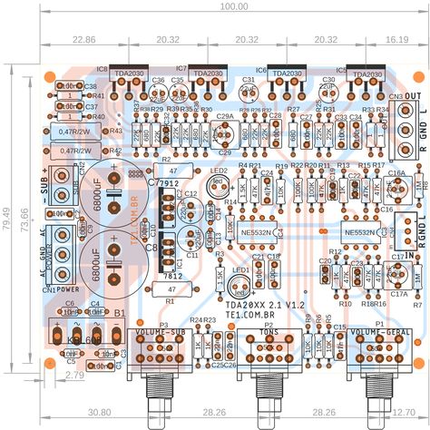 TDA2030 2.1 or Lm1875 2.1 power amplifier PCB component viewer top in #Circuits #Amplifier #Audio #2.1 #Amplifier #amplifiertda #Audio #Circuits #lm1875 #lm1875diy #poweramplifier #poweramplifiercircuit #tda2030 #tda203014w #tda2030aamp Arduino Projects Diy, Amplifier Audio, Integrated Circuit, Audio Amplifiers, Printed Circuit, Electrolytic Capacitor, Printed Circuit Board, Acupressure Points, Arduino Projects