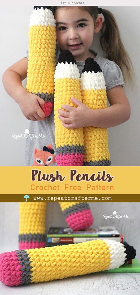 Pencil Crochet, Crochet Teacher Gifts, Repeat Crafter Me, Crochet Plush, Crochet Pillow, Quick Crochet, Fun Crochet Projects, Crochet Diy, Diy Crochet Projects