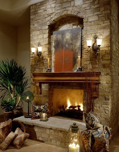 Fireplace in Multi-Million Dollar Home Designed by Fratantoni Luxury Estates - mediterranean - living room - phoenix - Fratantoni Luxury Estates Fireplace Mantle Kits, Fireplace Mantle Designs, Brick Fireplace Mantles, Mediterranean Living Room, Mediterranean Living, The Mantle, Million Dollar Homes, Home Fireplace, Fireplace Makeover