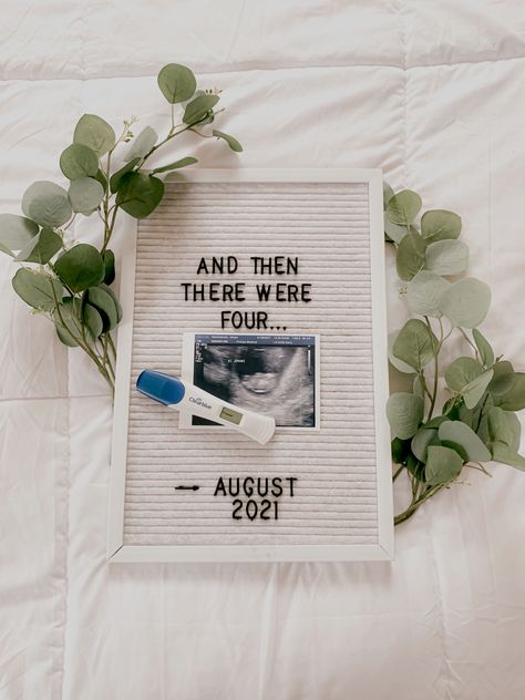 Letter board, pregnancy announcement, 2nd child And Then There Were Four, Were Expecting Photo Ideas, Simple Baby Announcement Picture Ideas, 3rd Pregnancy Announcement With Siblings, August Pregnancy Announcement, August Baby Announcement, March Pregnancy Announcement, Baby Letter Board Ideas, Baby Announcement Board