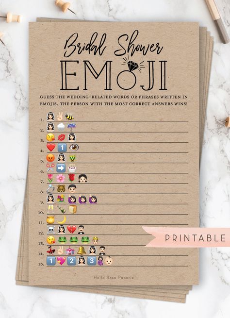 Rustic Bridal Shower Games, Guest Bingo, Bridal Shower Decorations Rustic, Emoji Game, Bridal Shower Decorations Diy, Emoji Pictionary, Fun Bridal Shower Games, Bridal Shower Planning, Bridal Games