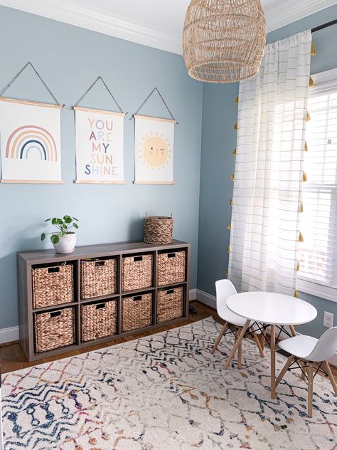 Playroom Laundry Room Combo, Dining Room And Playroom, Long Narrow Playroom, Downstairs Playroom Ideas, Blue Playroom Ideas, Light Blue Playroom, Dining Room Playroom Conversion, Playroom Corner In Living Room, Living Room Play Corner