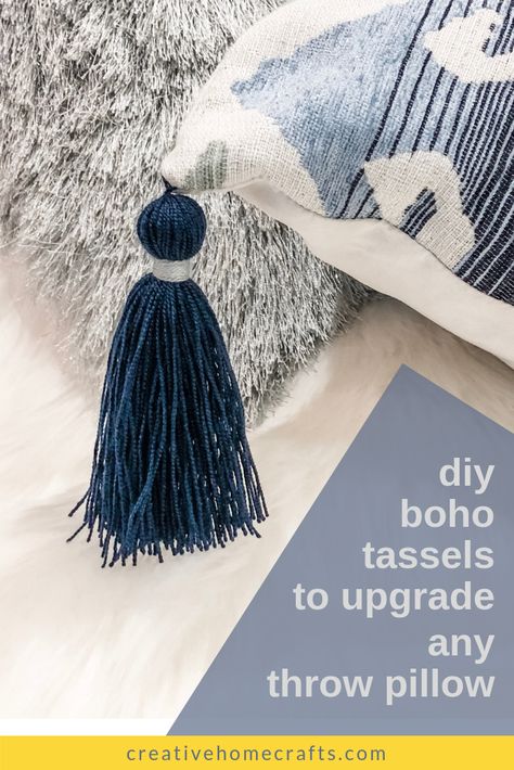 DIY upgrade for any throw pillow to enhance your Boho decor. Pillow Design Creative, Curtain Tassels Diy, Diy Tassels For Pillows, Beaded Pillows Diy Ideas, Pillow Tassel Diy, Pillow Sofa Tassel, Pillow Tassels, Playroom Refresh, Sewing Tassels On Pillows