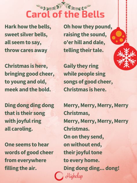 Carol of the Bells, is a traditional Christmas carol song. It is composed by Mykola Leontovych and written by Peter J. Wilhousky. The song is based on the Ukrainian folk chant "Shchedryk". Christmas Carol Sheet Music, Carol Of The Bells Lyrics, Christmas Hymns Lyrics, Song Games, Funny Christmas Songs, Christmas Carols Lyrics, Funny Christmas Poems, Christmas Carols Songs, Happy Songs