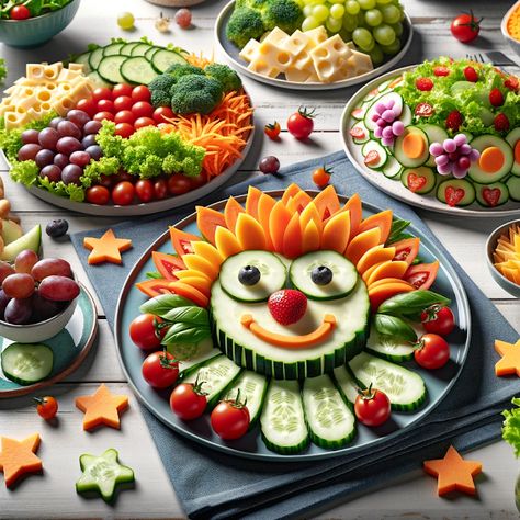 Cooking up Joy - Made with love: Creative Salad Decorations for Picky Eaters Salad Decoration Ideas Creative, Salad Decoration Ideas, Salad Decoration, Salads For Kids, Salad Design, Stall Decorations, Competitions For Kids, Veggies And Fruits, Dubai Garden