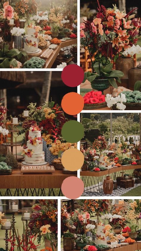 Modern Mexican Wedding Colors, Mexican Wedding Colors Palette, Tropical Wedding Theme Color Palettes, Costa Rica Wedding Colors, Terracota Mexican Wedding, Tropical Vintage Wedding, Boho Mexican Wedding Decor, Modern Mexico Wedding, Tropical Mexican Wedding