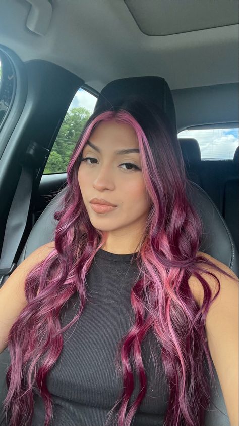 Cute Hair Colors Colorful, Pink Balayage Red Hair, Plum And Magenta Hair, Burgandy Hair With Pink Money Piece, Burgundy With Pink Hair, Pink And Burgandy Hair, Hair Dye Ideas For Brunettes Straight, Burgundy Hair Pink Highlights, Burgundy Hair With Black Underneath