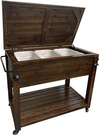 Wooden Patio Cooler with Wheels, Handles and Bottle Opener, Ice Chest with Shelf, Portable Beverage Drink Rolling Cart for Outdoor, Backyard, Garden, Deck, 100 Quart Cooler With Wheels, Patio Cooler, Wooden Patio, Wooden Patios, Garden Deck, Ice Chest, Rolling Cart, Outdoor Backyard, Mudroom Furniture