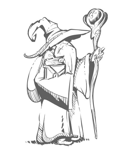 Dark Magician Drawing, Sorcerer Drawing Reference, Wizard Robe Drawing, Cute Wizard Art, Fantasy Simple Art, Wizard Wand Drawing, Wizard Hat Reference, Simple Wizard Tattoo, Wizard Sketch Drawing