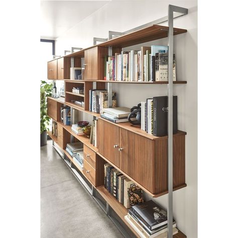 #organization #diystorage #storageideas Room And Board Beam Bookcase, Bookshelves Over Sofa, Modern Shelves Living Room, Storage Wall Ideas, Wall Unit Shelving, Wood Shelves Wall, Mid Century Shelving Unit, Wall Mounted Bookcase, Mid Century Wall Unit