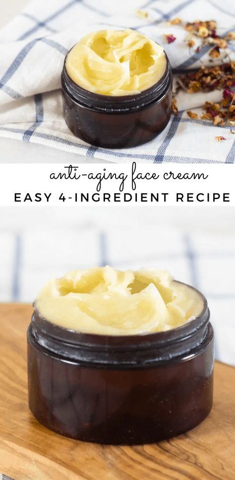 This DIY anti-aging face cream may help reduce signs of aging, wrinkles, fine lines, and age spots. With only 4-ingredients, this homemade face cream is super simple to whip up and very cost-effective. #antiagingfacecream #diyfacecream #antiaging #essentialoils Natural Anti Aging Skin Care Homemade Wrinkle Creams, Natural Face Moisturizer Homemade, Homemade Face Moisturizer For Dry Skin, Diy Face Cream For Oily Skin, Diy Acne Cream, Hydrocloroquine Recipe, Skin Care Natural Ingredients, Diy Anti Aging Face Wash, Diy Moisturizer Face