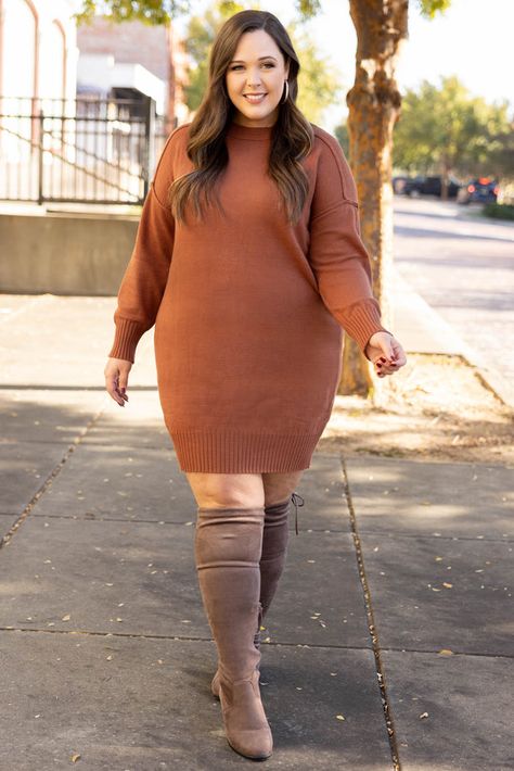 We know this dress is made for you! This dress is so versatile that could easily transition from day to date night! It is comfortable for all day wear and sure to flatter every figure. Pair this dress with a chic pair of booties or heels for an effortlessly fab look!  58% Viscose, 27% Spandex, 15% Nylon Winter Dress Ideas, Sweater Dress With Boots, Curvy Fall Outfits, Teacher Work, Trendy Date Night Outfit, Outfit Botas, Crochet Sweater Dress, Dressy Dress, Mid Size Fashion