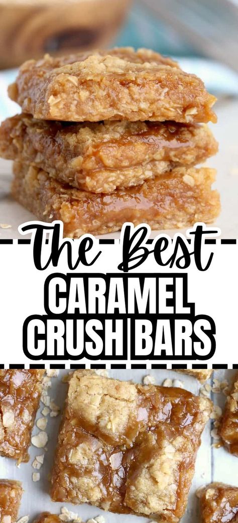 Collage of three caramel crush bars stacked atop one another at to and overhead shot of caramel crush bar at bottom. Nanny Ideas, Easy Caramel, Bars And Squares, Gooey Caramel, Caramel Desserts, Dessert Bar Recipe, Cookie Brownie Bars, Bars Cookies, Ooey Gooey