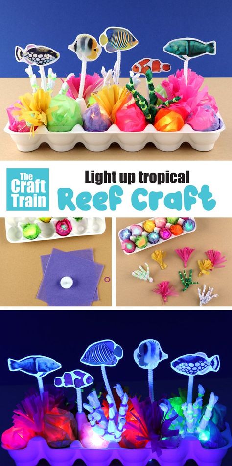 Make an egg carton coral reef that lights up in the dark. This is such a fun and simple DIY for Summer to help kids learn about our amazing marine life under the sea! Free tropical fish printables included #fish #fishcrafts #kidscrafts #summercrafts #reef #oceananimals #coral #glowinthedark #tropicalfish Diy For Summer, Coral Reef Craft, Ocean Theme Crafts, Fish Printables, Under The Sea Crafts, Life Under The Sea, Sea Crafts, Vbs Crafts, Fish Crafts