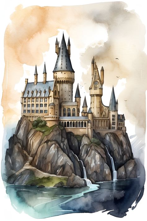 , #Book, #Illustrations, #AD, #AI School Of Witchcraft, Hogwarts School, Book Illustrations, Hogwarts, Watercolor Painting, Harry Potter, Castle, Art Design, Illustrations