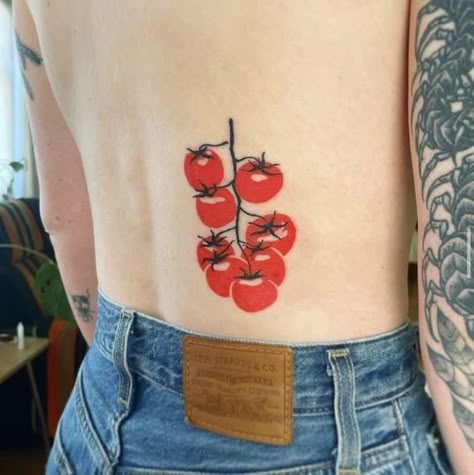 Cherry Flash Tattoo, Fine Art Tattoo Ideas, Color Block Tattoo, Squash Tattoo, Tomato Vine Tattoo, Vegetable Tattoos, Tomato Aesthetic, Original Tattoo Ideas, Egg Tattoo