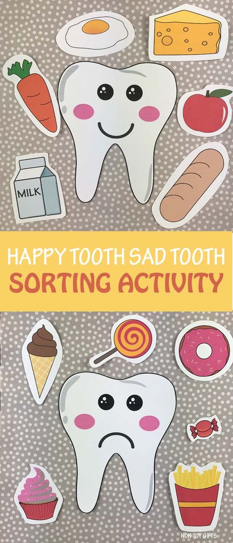 Happy tooth sad tooth dental health sorting activity / game for preschoolers, kindergartners and older kids. Use the template to play this game and talk about taking care of our teeth, how to properly brush our teeth, how to floss and avoid cavities. #happytoothsadtooth #happytoothsadtoothgame #happytoothsadtoothactivity #toothcraft #toothcraftforkids #dentalhealth Teeth Activity For Preschoolers, Healthy Teeth Activities For Preschool, Tooth Projects For Preschool, Teeth Ideas For Preschool, At The Dentist Preschool, Preschool Dental Hygiene Activities, Dental Prek Activities, Nutrition Games For Preschoolers, Dentist For Preschool