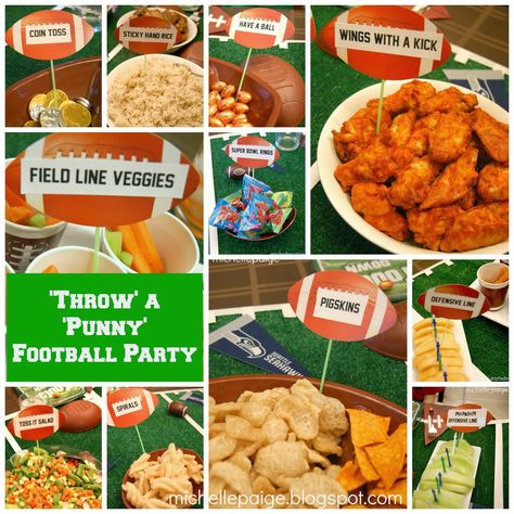 'Throw' a Punny Football Party! Football Birthday Party Theme, Football Themed Food, Party Food Signs, Party Food Themes, Birthday Party Snacks, Sports Theme Birthday, Party Food Labels, Sports Birthday Party, Football Theme Party