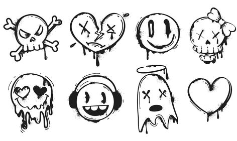 Free Vector | Black spray paint graffiti emoji of smiling face heart skull and ghost street art set of ink drip splatter face emoticon characters in hand drawing style painted urban elements on white background Drip Drawing Ideas, Angel Wings Graffiti, Drip Drawing, Cute Monsters Drawings, Black And White Graffiti, Smile Drawing, Ios Emoji, Graffiti Heart, Emoji Drawings