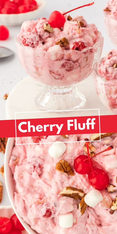 Looking for a dessert that will seriously impress your friends & family? Cherry fluff is a no-bake recipe made in just 3 easy steps with 7 ingredients. Marshmallow Fluff Salad Recipes, Cherry Marshmallow Dessert, Cherry Marshmallow Fluff, Cherry Fluff Salad Recipes, Cherry Fluff Dessert, Cherry Fluff Salad, Fruit Fluff, Berry Pie Filling, Cherry Fluff