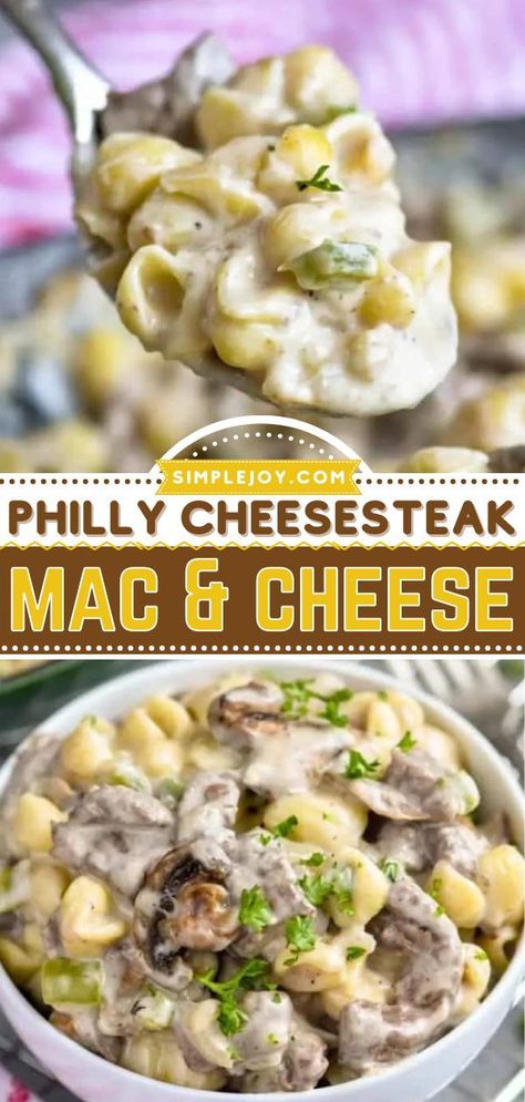 A spin on homemade mac and cheese! Full of delicious flavor, this Philly Cheesesteak pasta is the kind of comfort food the whole family will love. Plus, it can be on the table in 30 minutes! Save this… Essen, Beef Mac And Cheese, Philly Cheesesteak Pasta, Cheesesteak Pasta, Homemade Mac And Cheese, Beef Casserole Recipes, Philly Cheesesteak, Love Plus, Philly Cheese Steak