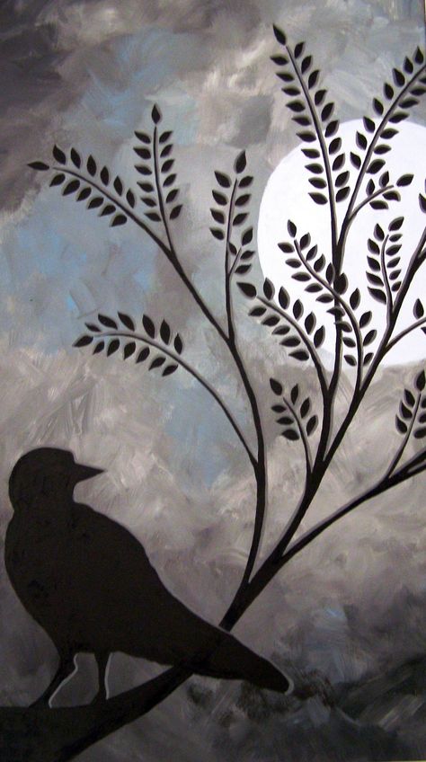 Crow Painting Acrylic Easy, Crow Painting Easy, Rabbit Cottage, Kate Morgan, Crow Painting, Bird Barn, Beach Art Painting, Flower Pot Art, Moonlight Painting