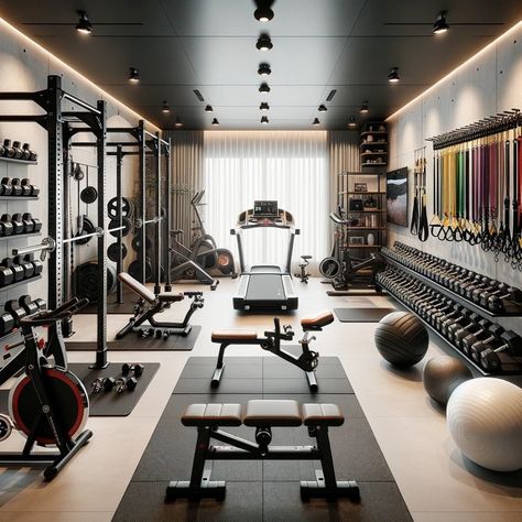 High End Home Gym, Narrow Home Gym, Gym Room At Home Luxury, Dream Home Gym Luxury Fitness Rooms, Gym In Garage, Luxury Gym Interior, House Gym Ideas, Modern Gym Interior Design, Modern Gyms