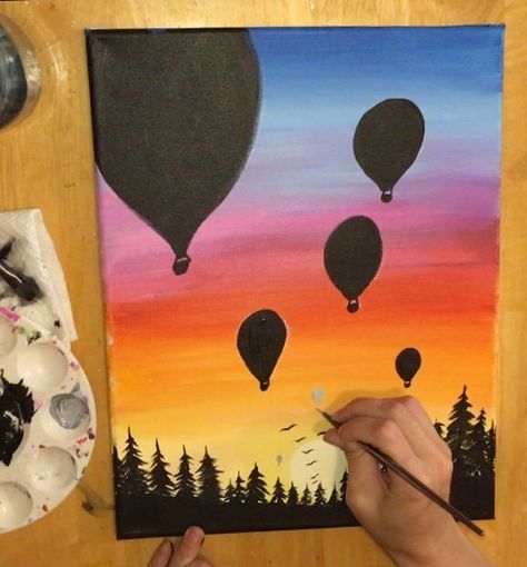 How To Paint A Sunset In Acrylics - Hot Air Balloon Silhouette Paint Sunset Easy, How To Paint Sunset, Paint Sunset, Paint A Sunset, Balloon Drawing, Balloon Silhouette, Sunset Canvas Painting, Acrylic Tutorials, Acrylic Painting Diy