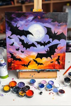 Acrylic Painting Canvas Halloween, Halloween Witch Painting Ideas, Kids Halloween Canvas Painting Ideas, Halloween Crafts On Canvas, Paint Night Halloween, Spooky Paintings Easy Step By Step, Halloween Painting With A Twist, Halloween Painting Ideas For Beginners, Spooky Halloween Canvas Painting