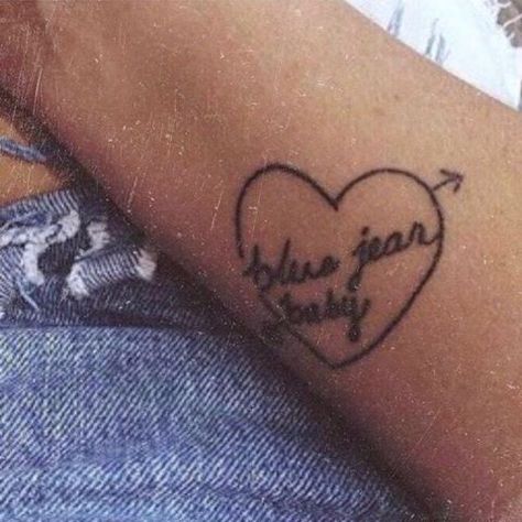 698 Likes, 2 Comments - DEAR MILU (@dear_milu) on Instagram: “BLUΣ JEΔN BΔBY 💘 #wildonly #dearmilu” Almost Famous Tattoo, Jeans Tattoo, Lana Del Rey Tattoos, You're Mine, Famous Tattoos, Denim Baby, Leg Tattoo, Youre Mine, Baby Tattoos