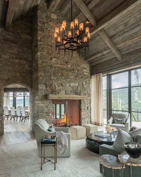 OSM | Construction on Instagram: “Lone Mountain Hideaway ✨” Two Sided Fireplace, Living Room Decor Country, House Design Trends, French Country Living Room, Industrial Interior Design, Casa Vintage, Rustic Home Design, Country Living Room, Stone Walls