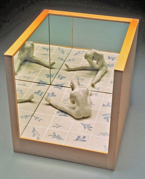 COILLE MCLAUGHLIN HOOVEN – “Despair” 1993, porcelain, mirror, wood, figure Box Sculpture Art, Mirror Art Ideas, Art With Mirrors, Clay Box Ideas, Room Art Ideas, Plexiglass Art, Mirror Sculpture, Mirror Drawing, Paint Sculpture