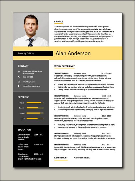 Immediately download this Free Security Officer CV template. Ideal for any Corporate, Retail or Building security jobs. It is in Microsoft Word (DOC) format, easy to edit, printable and can be fully customised. #CV #template #Resume #Free #Job #application #MS #Word #Corporate #Retail #Building #Bank #Guard Curriculum Vitae Resume, Executive Resume Template, Cv Examples, Executive Resume, Account Executive, Cv Resume Template, Cover Letter Example, Manager Resume, Best Resume Template