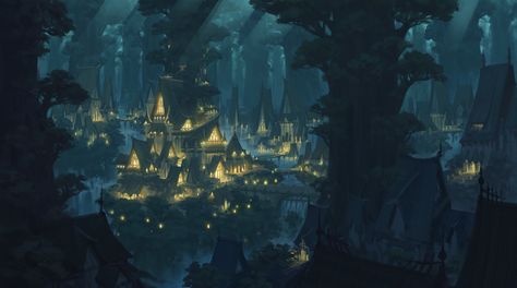 There's a wonderful sense of warm light & atmosphere in Moon City by SiChen Wang  #conceptart #fantasyart Mythical Landscapes, Elven Village, Elf City, Moon City, Fantasy Writing, Background Inspiration, Fantasy Town, Fantasy Worlds, Forgotten Realms