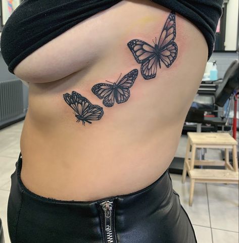 Shaded In Butterfly Tattoo, Butterfly Tattoo On Side Of Stomach, Side Tattoo Cover Up Ideas Rib Cage, Butterfly Side Tattoo Rib Cage, Butterflies On Ribs Tattoo, Torso Tattoos For Women Rib Cage, Butterfly Tattoo On Rib Cage, Rib Cage Butterfly Tattoo, Rose Tattoo Rib Cage