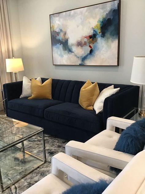 Blue Velvet Sofa Lounge, Blue Navy Couch Living Room, Living Room With Navy Blue Velvet Sofa, Blue Black Sofa Living Room, Blue Couch Design Living Room, Blue Navy Living Room Decor, Black Gold Navy Living Room, Black Navy And Gold Living Room, Black Velvet Sofa Decor