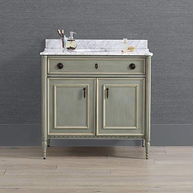 Etienne 36" Single Bath Vanity - French Patina Single Vanity Faucet Hardware, French Bathroom, French Dresser, 36" Vanity, Double Bath, Small Bathroom Vanities, Marble Backsplash, Green Patina, Furniture Placement