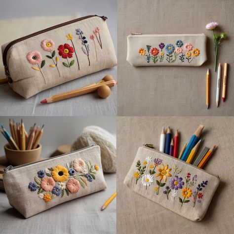 Handmade Pencil Pouch, Embroidery Bags Ideas, Embroidery Bags Handmade, Embroidery Pencil Case, Small Embroidery Ideas, Handmade Birthday Gift Ideas, Handmade Pencil Case, Handmade Fabric Purses, Zipper Pencil Pouch