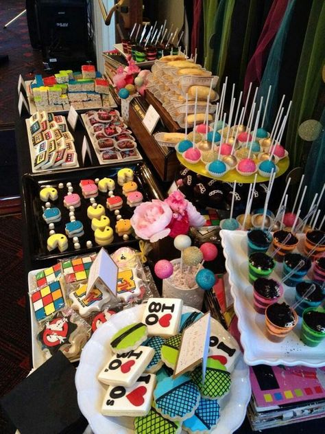 1980s Desserts 80s Party, 80s Inspired Party Food, 80s Theme Dessert Table, 80s Party Dessert Table, 1990s Birthday Cake, 80s Dessert Table, 90s Dessert Table, 80’s Party Food, 1990s Birthday Party Theme